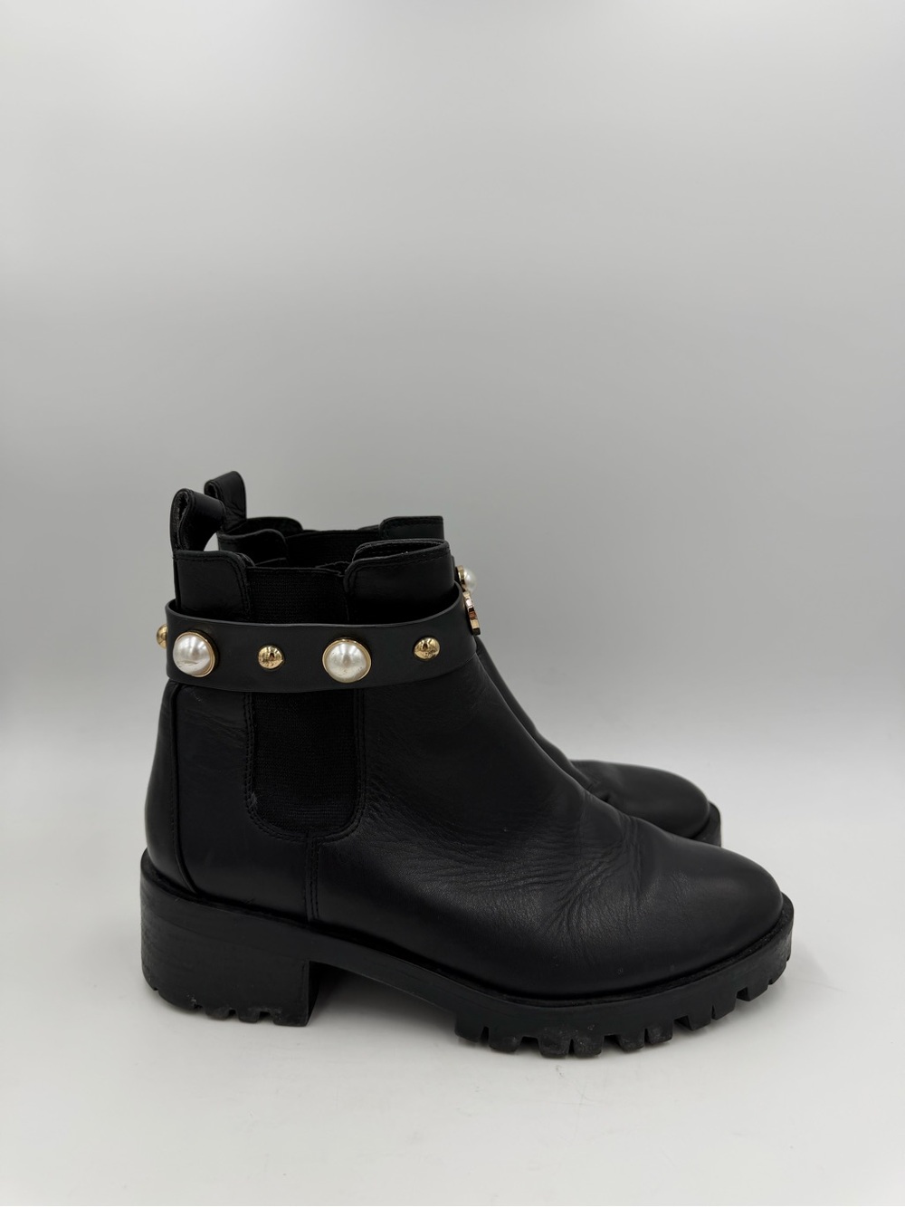 KARL LAGERFELD Pola-21 Black Leather Studded Chelsea Pull-On Ankle Boot EU 38